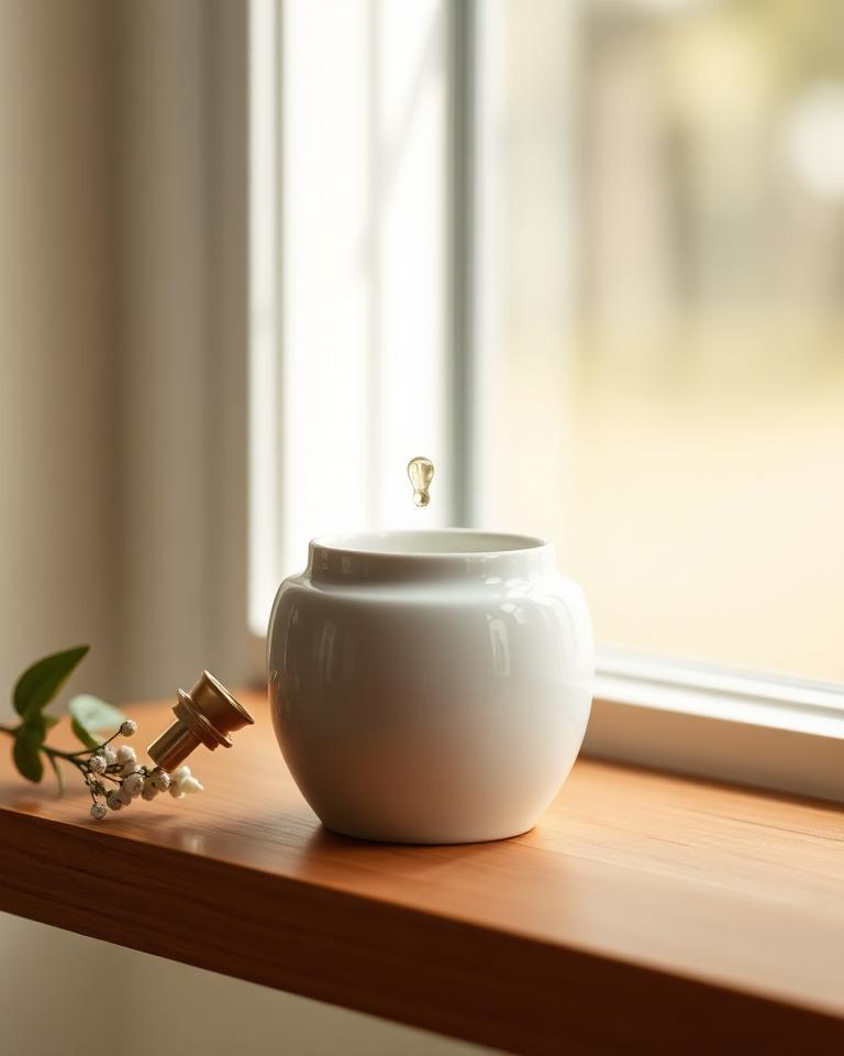 Ceramic cream jar and dropper on warm wood in window light
