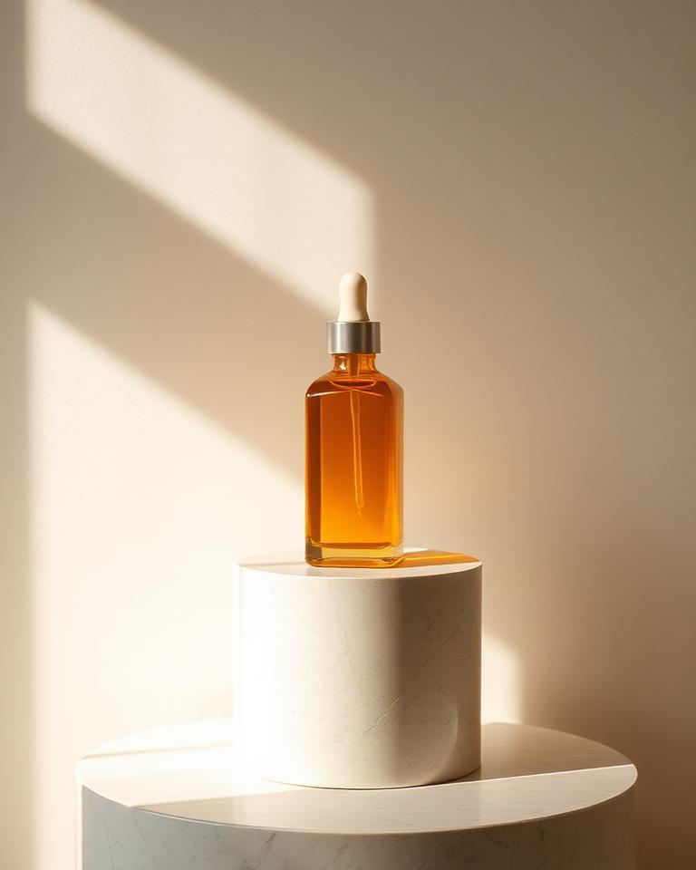 Amber glass serum bottle on a travertine pedestal