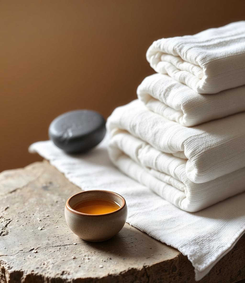 Folded linen towels, a gua sha stone and a bowl of botanical oil on stone