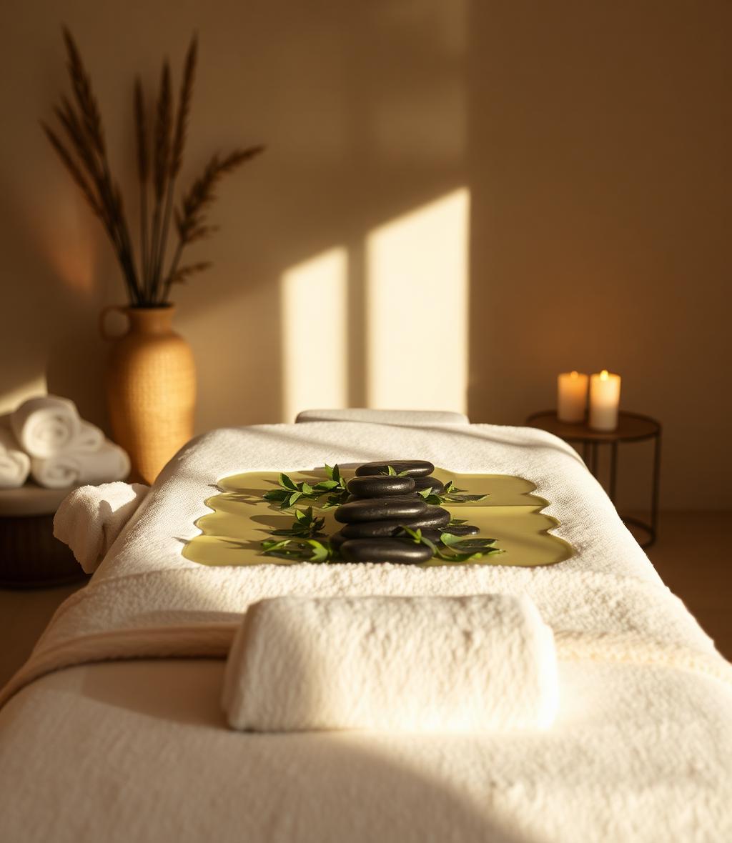 Warm stones and eucalyptus on a massage table in candlelight