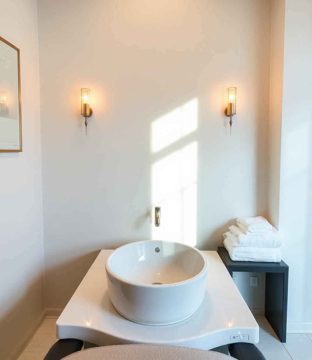 Polished ceramic pedicure basin with folded towels in soft daylight